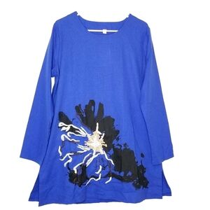 NWT Ya Wei Blue Scoop Neck Longsleeve Linen Short BoHo Dress, XXL